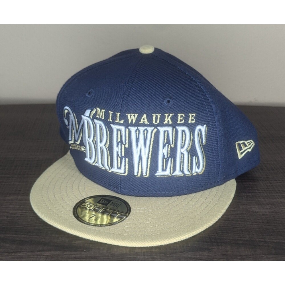 New Era 59FIFTY Milwaukee Brewers Baseball Fitted Hat Cap Navy/Gold  SIZE 7 3/8